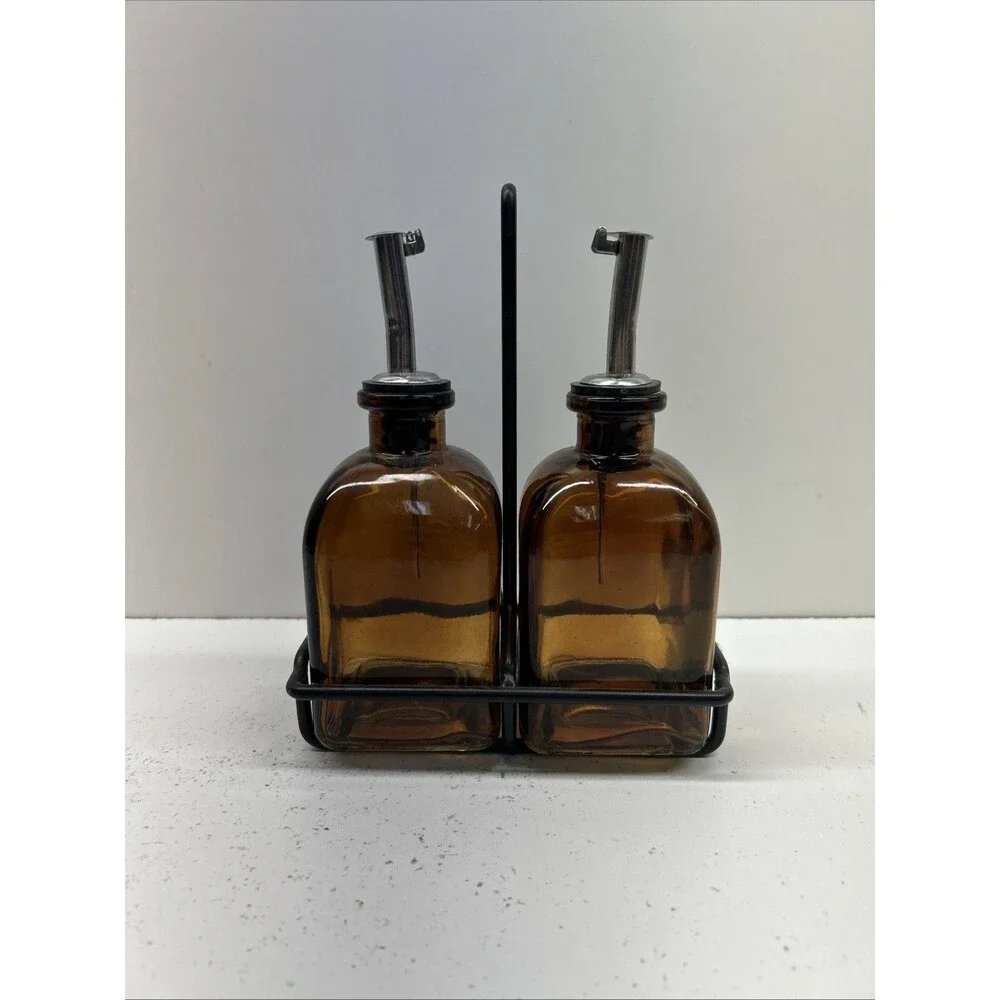 Set Of 2 Vintage Amber Bottles With Holder - Beautiful Design‎